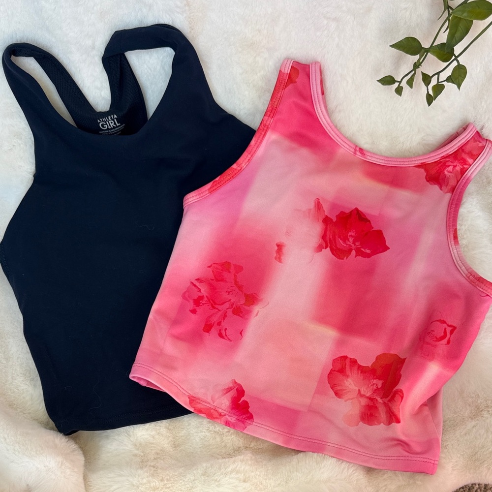 Athleta & Zella Girls Racerback Crop & Pink Floral Crop gymnastics top bundle